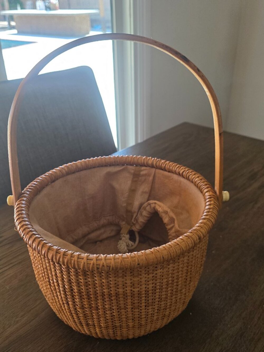 Vintage Nantucket Lightship Woven Basket  Swing Handle  Cloth Lined w Drawstring